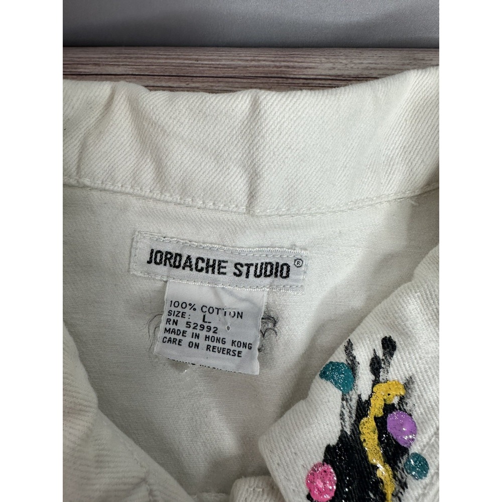 Vintage Jordache Studio 80s Painted White Denim Jacket‎ Size L - Picture 3 of 13